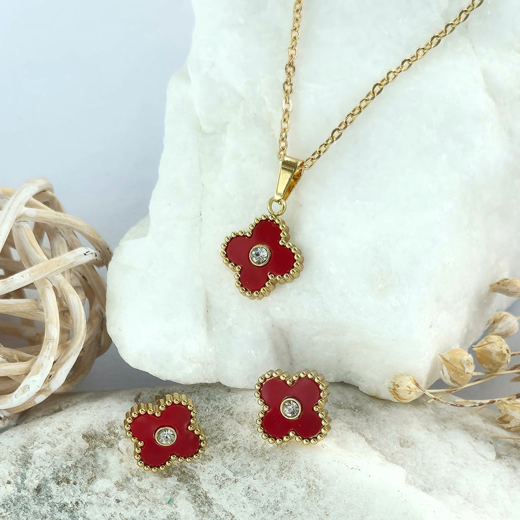 Set Lănțișor și Cercei Inox Auriu cu Pandantiv Trifoi Roșu Alhambra - Elegant - Hipoalergenic
