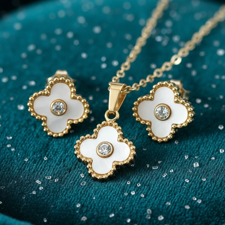 Set Lănțișor și Cercei Inox Auriu cu Pandantiv Trifoi Sidef Alb Alhambra - Elegant - Hipoalergenic