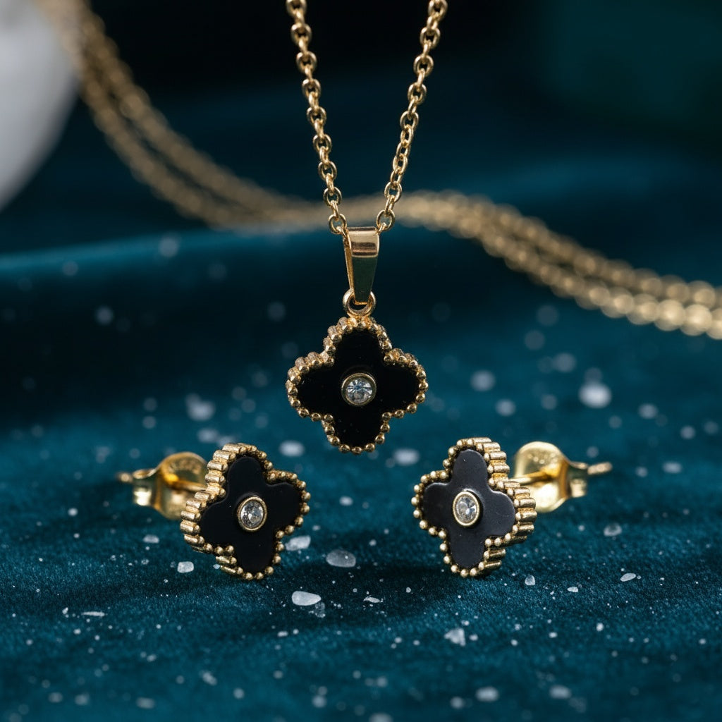 Set Lănțișor și Cercei Inox Auriu cu Pandantiv Trifoi Negru Alhambra - Elegant - Hipoalergenic