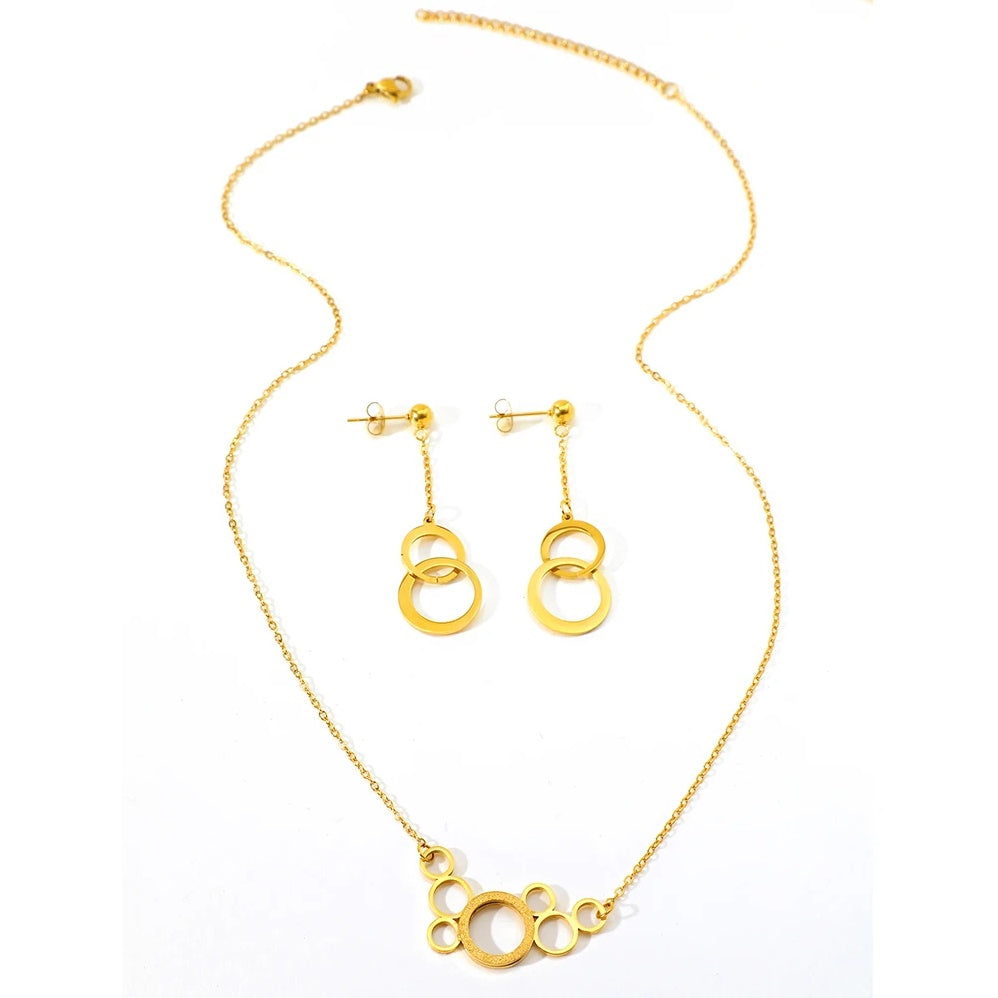 Set Lănțișor Inox și Cercei Cable Auriu cu Pandantiv Cercuri Interconectate - Modern Geometric Oțel Inoxidabil - LPD1395 2.3 