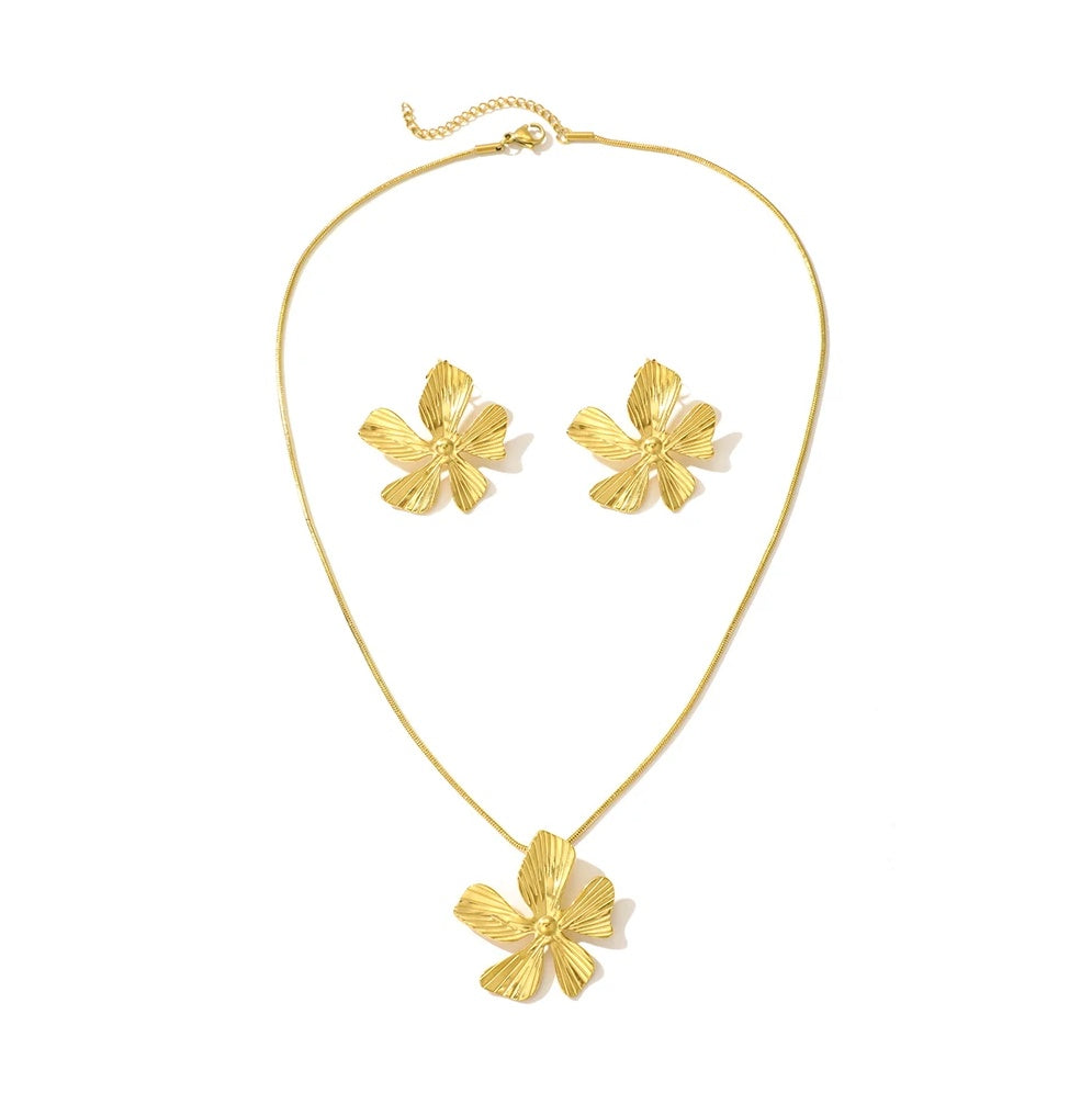Set Lănțișor și Cercei Inox Auriu cu Pandantiv Floare - Boho Elegant Oțel Inoxidabil - LPD1408 3.8 cm - Hipoalergenici