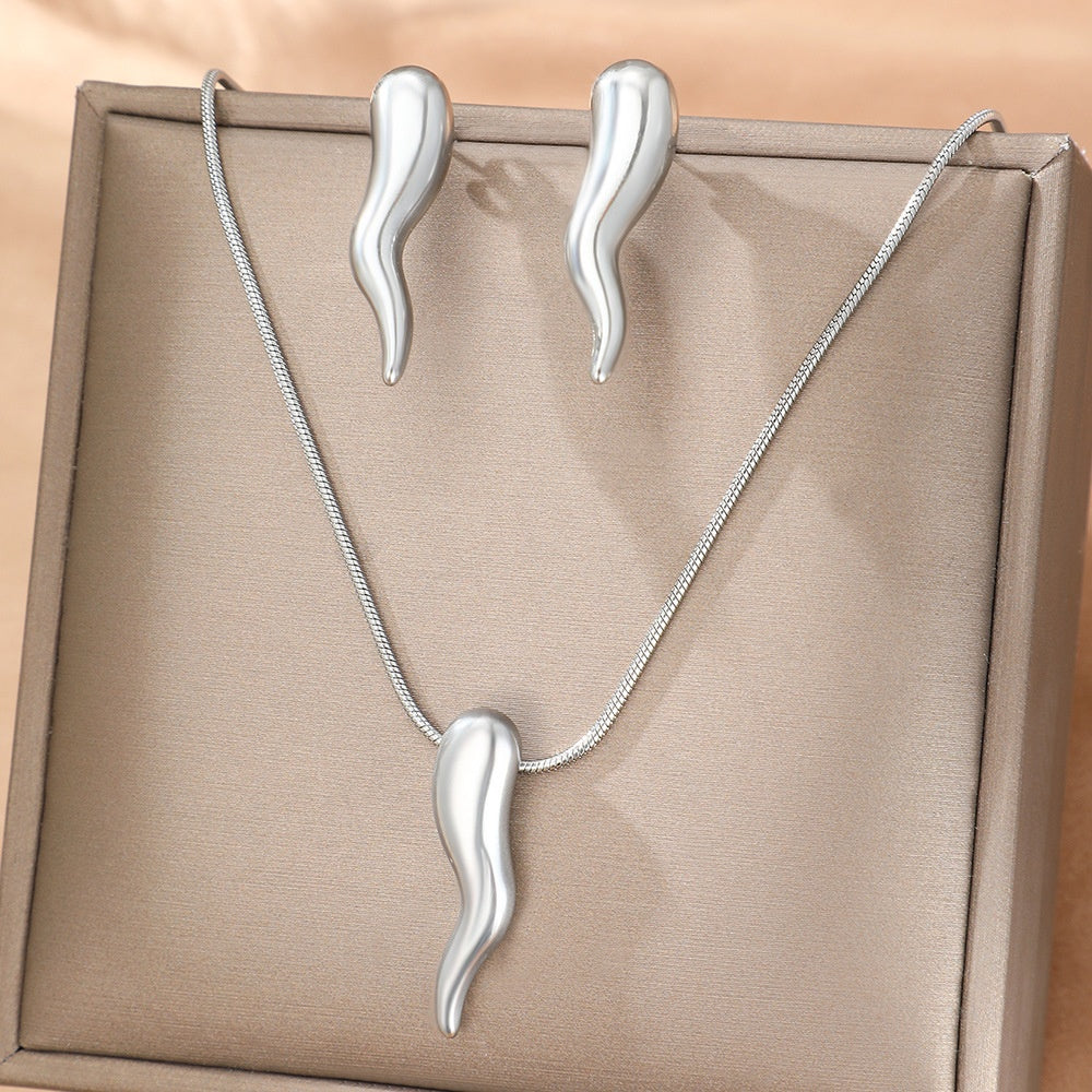 Set Lănțișor și Cercei Inox Argintiu cu Pandantiv Corno - Minimalist Modern Oțel Inoxidabil - LPD1414 3 cm - Hipoalergenici