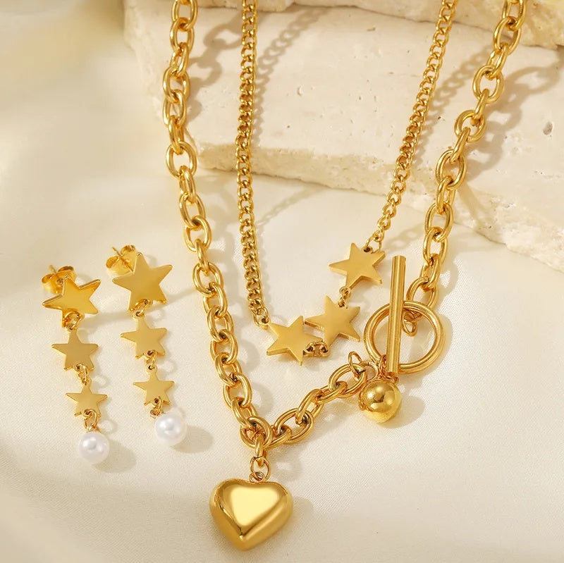 Set Lănțișor și Cercei Inox Auriu cu Pandantiv Inimă și Stele - Romantic Statement Oțel Inoxidabil - LPD1417 4 cm - Hipoalerg