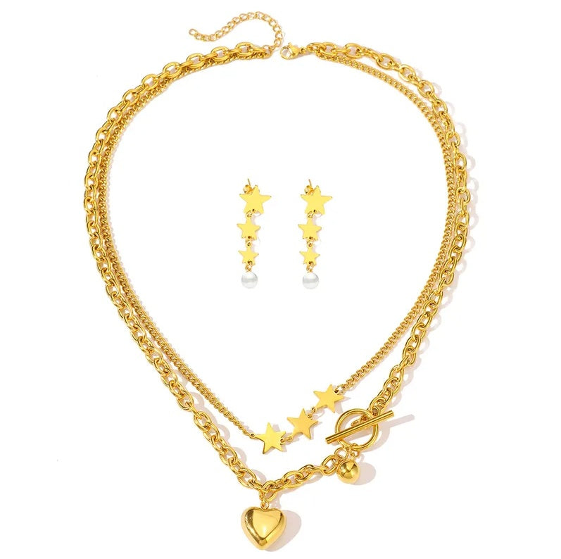 Set Lănțișor și Cercei Inox Auriu cu Pandantiv Inimă și Stele - Romantic Statement Oțel Inoxidabil - LPD1417 4 cm - Hipoalerg