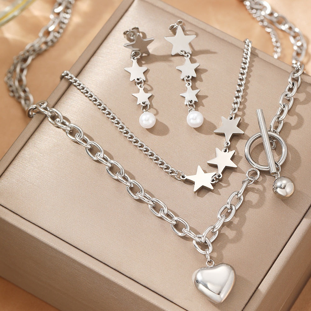 Set Lănțișor și Cercei Inox Argintiu cu Pandantiv Inimă Puffed - Trendy Romantic Oțel Inoxidabil - LPD1418 4 cm - Hipoalergen