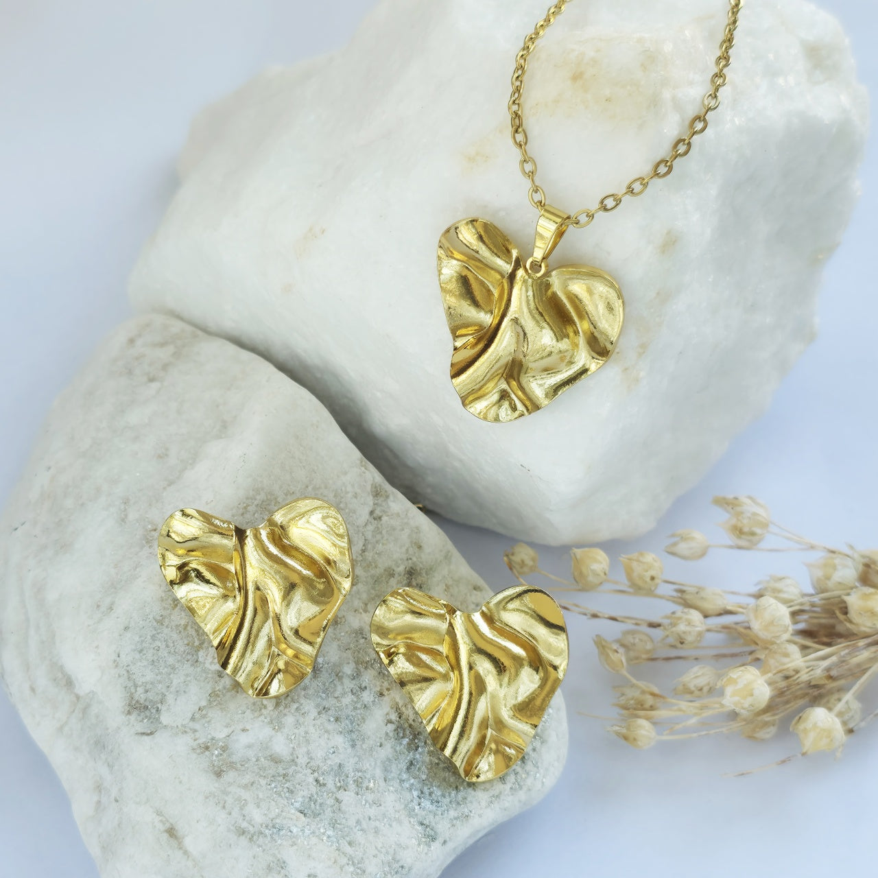 Set Lănțișor și Cercei Inox Auriu Inimă Sculptata Crinkled - Statement - Hipoalergenic