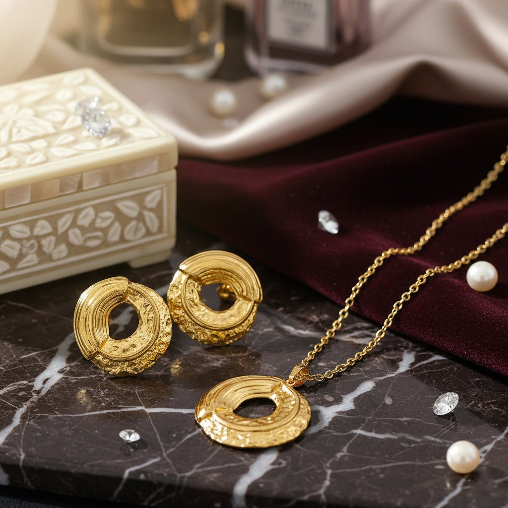 Set Lănțișor și Cercei Inox Auriu Disc Texturat cu Decupaj - Statement - Hipoalergenic