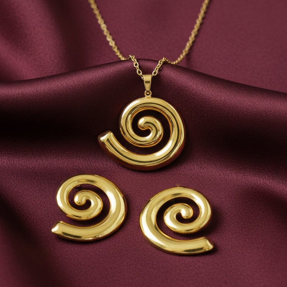 Set Lănțișor și Cercei Inox Auriu cu Pandantiv Spirală - Modern - Hipoalergenic