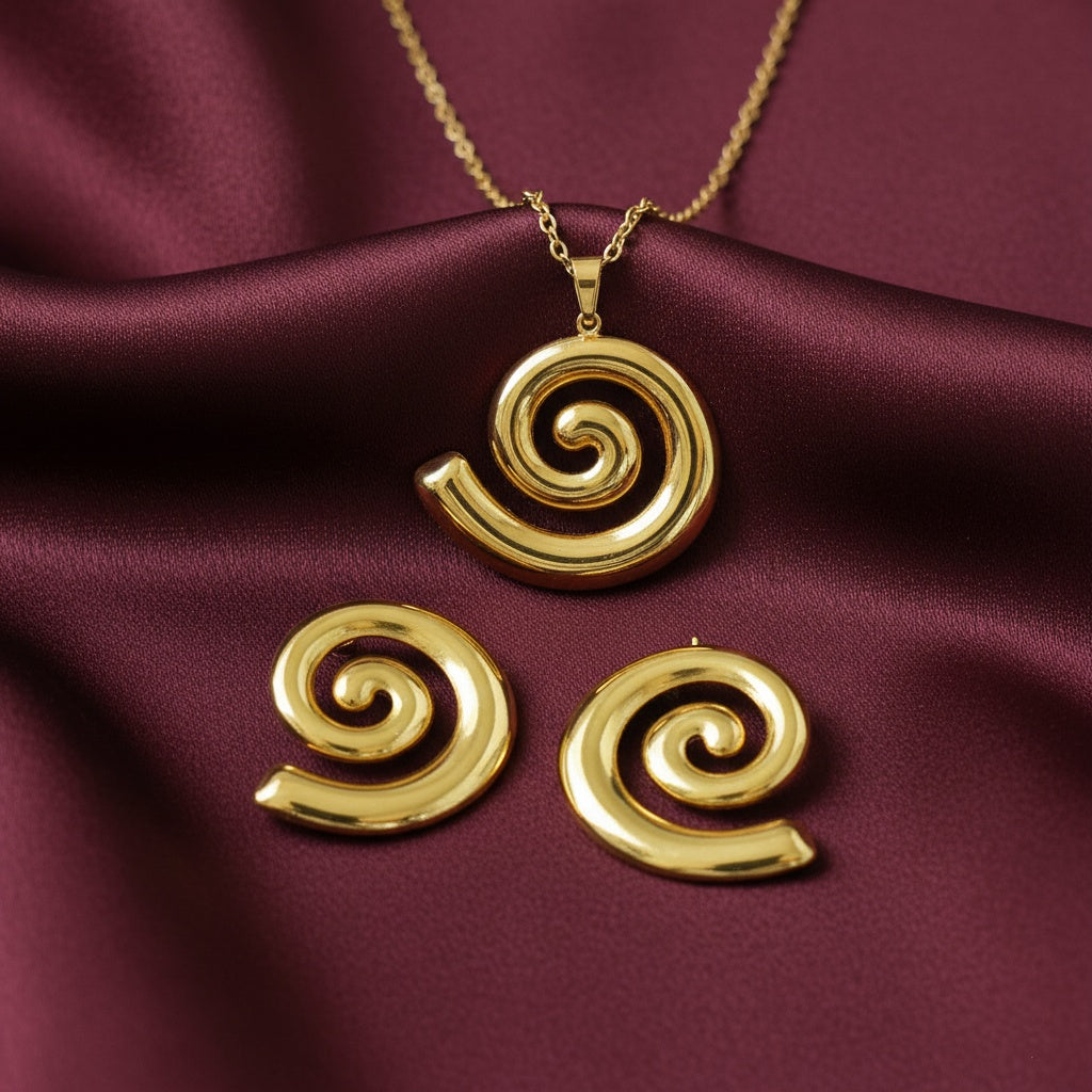 Set Lănțișor și Cercei Inox Auriu cu Pandantiv Spirală - Modern - Hipoalergenic