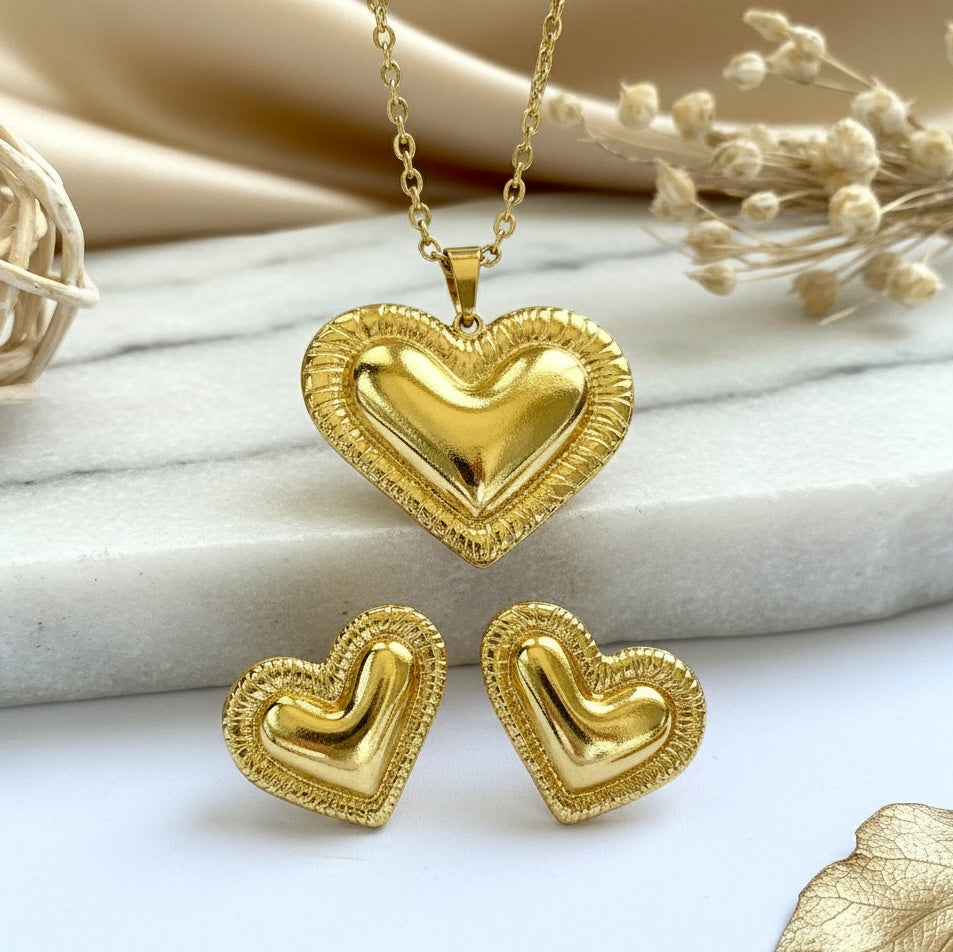 Set Lănțișor și Cercei Inox Auriu Inimă Sunburst - Romantic - Hipoalergenic