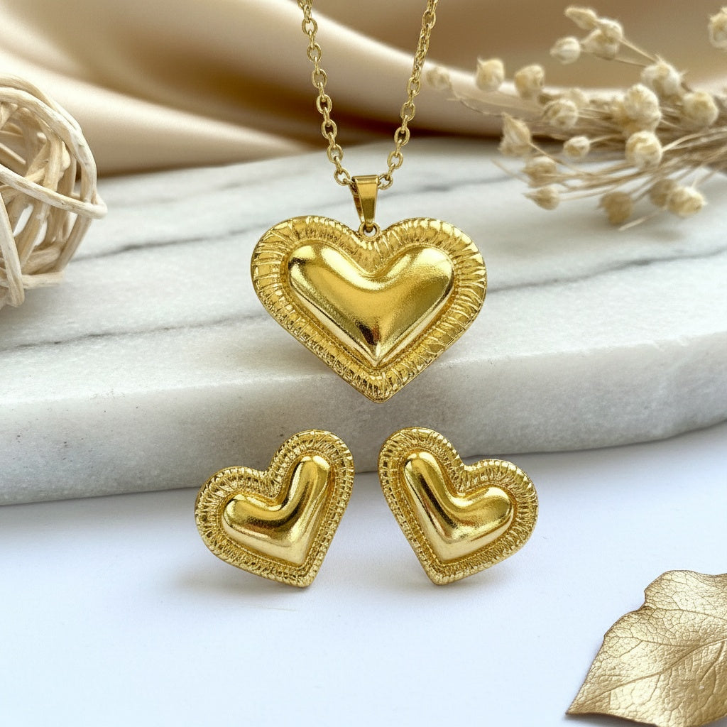 Set Lănțișor și Cercei Inox Auriu Inimă Sunburst - Romantic - Hipoalergenic