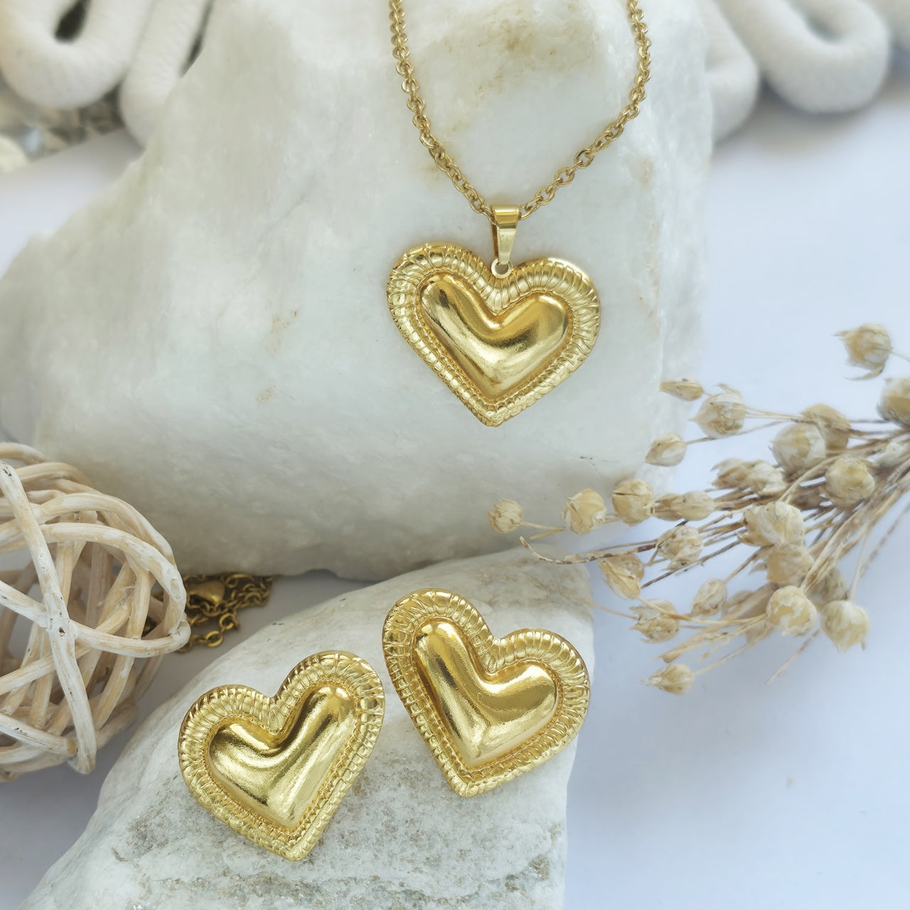 Set Lănțișor și Cercei Inox Auriu Inimă Sunburst - Romantic - Hipoalergenic