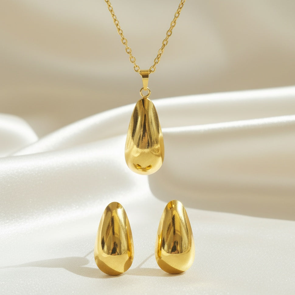 Set Lănțișor și Cercei Inox Auriu cu Pandantiv Picătură - Minimalist - Hipoalergenic