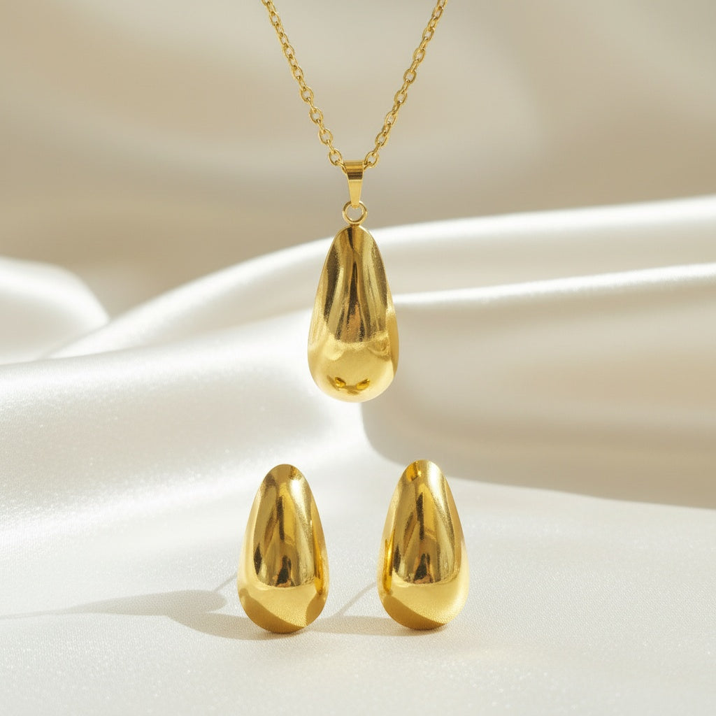Set Lănțișor și Cercei Inox Auriu cu Pandantiv Picătură - Minimalist - Hipoalergenic