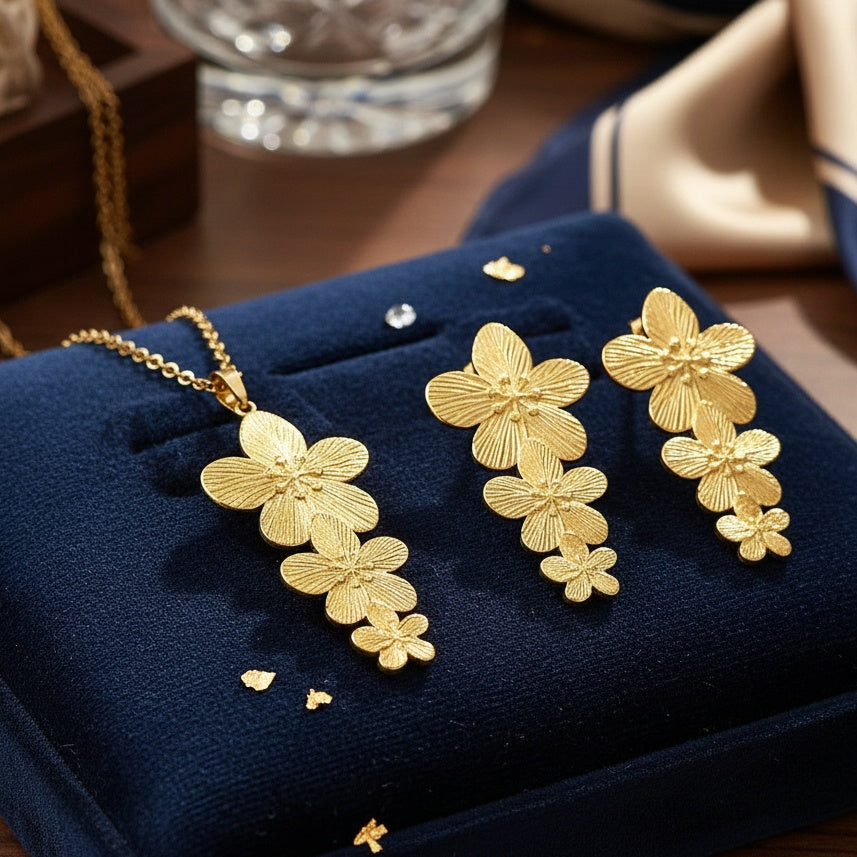 Set Lănțișor și Cercei Inox Auriu cu Pandantiv Cascadă Flori - Romantic - Hipoalergenic