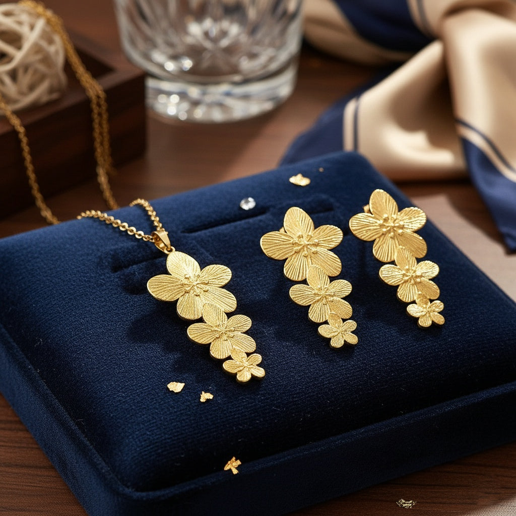 Set Lănțișor și Cercei Inox Auriu cu Pandantiv Cascadă Flori - Romantic - Hipoalergenic