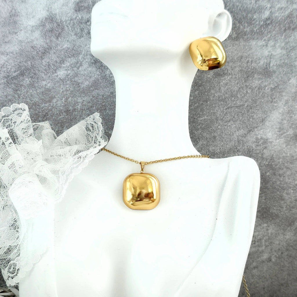 Set Lănțișor și Cercei Inox Auriu Pătrat Cushion Lucios - Minimalist - Hipoalergenic