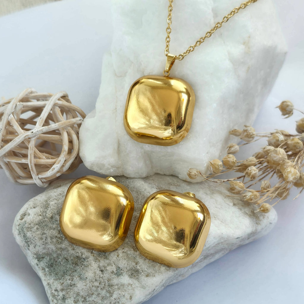 Set Lănțișor și Cercei Inox Auriu Pătrat Cushion Lucios - Minimalist - Hipoalergenic