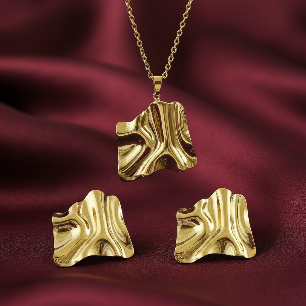 Set Lănțișor și Cercei Inox Auriu Ondulat Abstract - Statement - Hipoalergenic