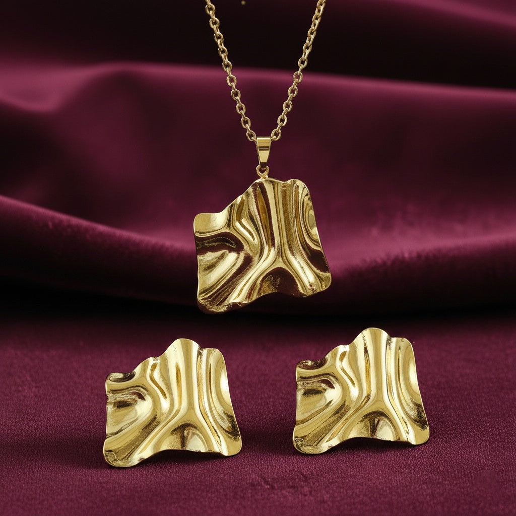 Set Lănțișor și Cercei Inox Auriu Ondulat Abstract - Statement Oțel Inoxidabil - LPD1480 46 cm - Hipoalergenici