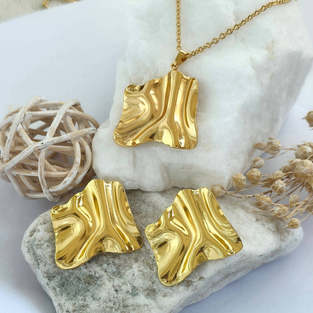 Set Lănțișor și Cercei Inox Auriu Ondulat Abstract - Statement Oțel Inoxidabil - LPD1480 46 cm - Hipoalergenici