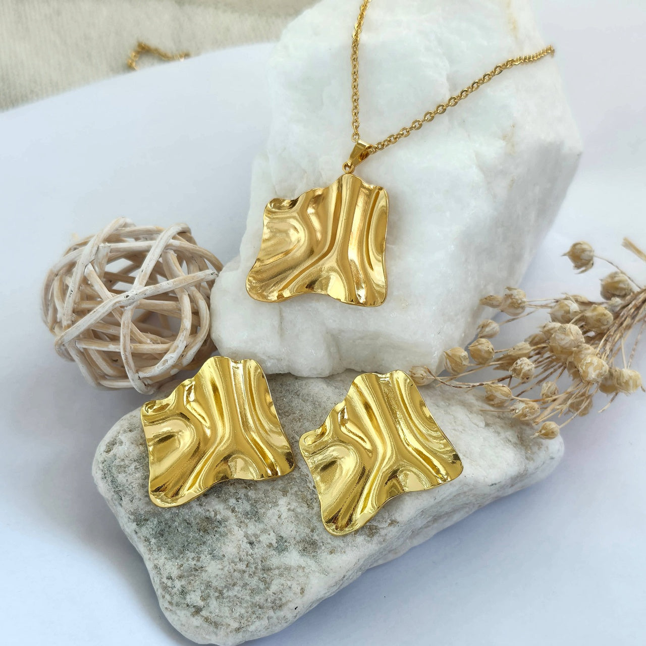 Set Lănțișor și Cercei Inox Auriu Ondulat Abstract - Statement Oțel Inoxidabil - LPD1480 46 cm - Hipoalergenici