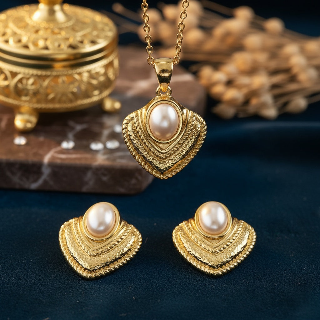 Set Lănțișor și Cercei Inox Auriu cu Pandantiv Evantai și Perlă - Elegant - Hipoalergenic