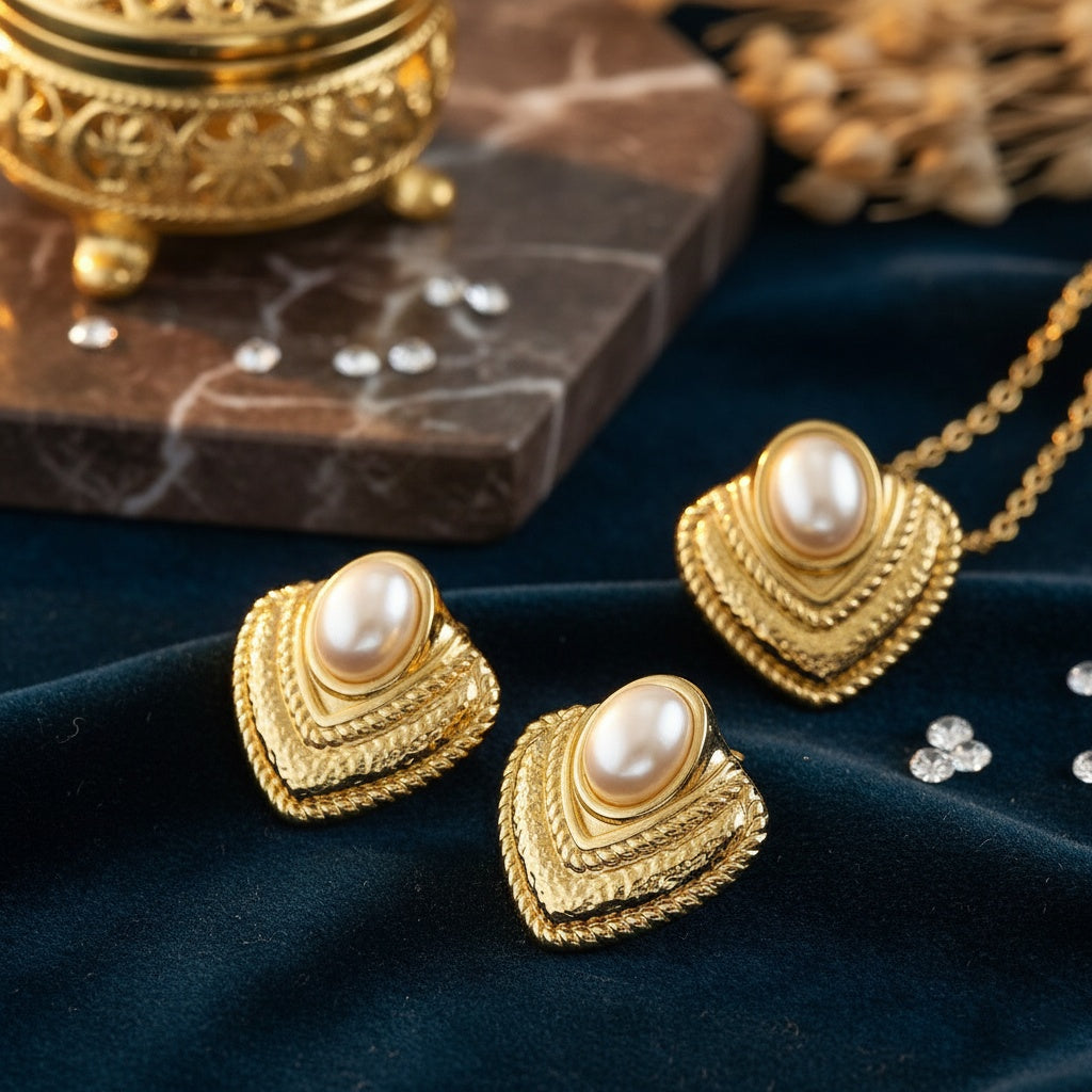 Set Lănțișor și Cercei Inox Auriu cu Pandantiv Evantai și Perlă - Elegant - Hipoalergenic