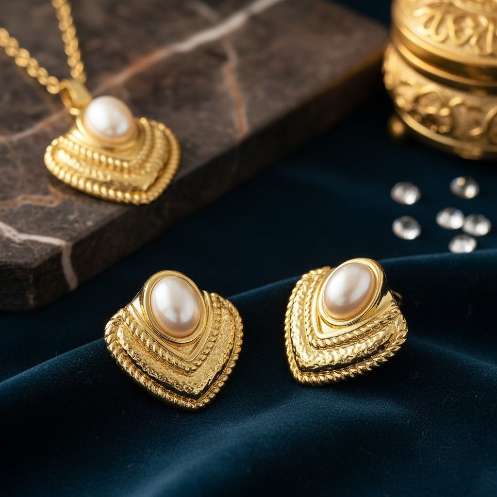 Set Lănțișor și Cercei Inox Auriu cu Pandantiv Evantai și Perlă - Elegant - Hipoalergenic