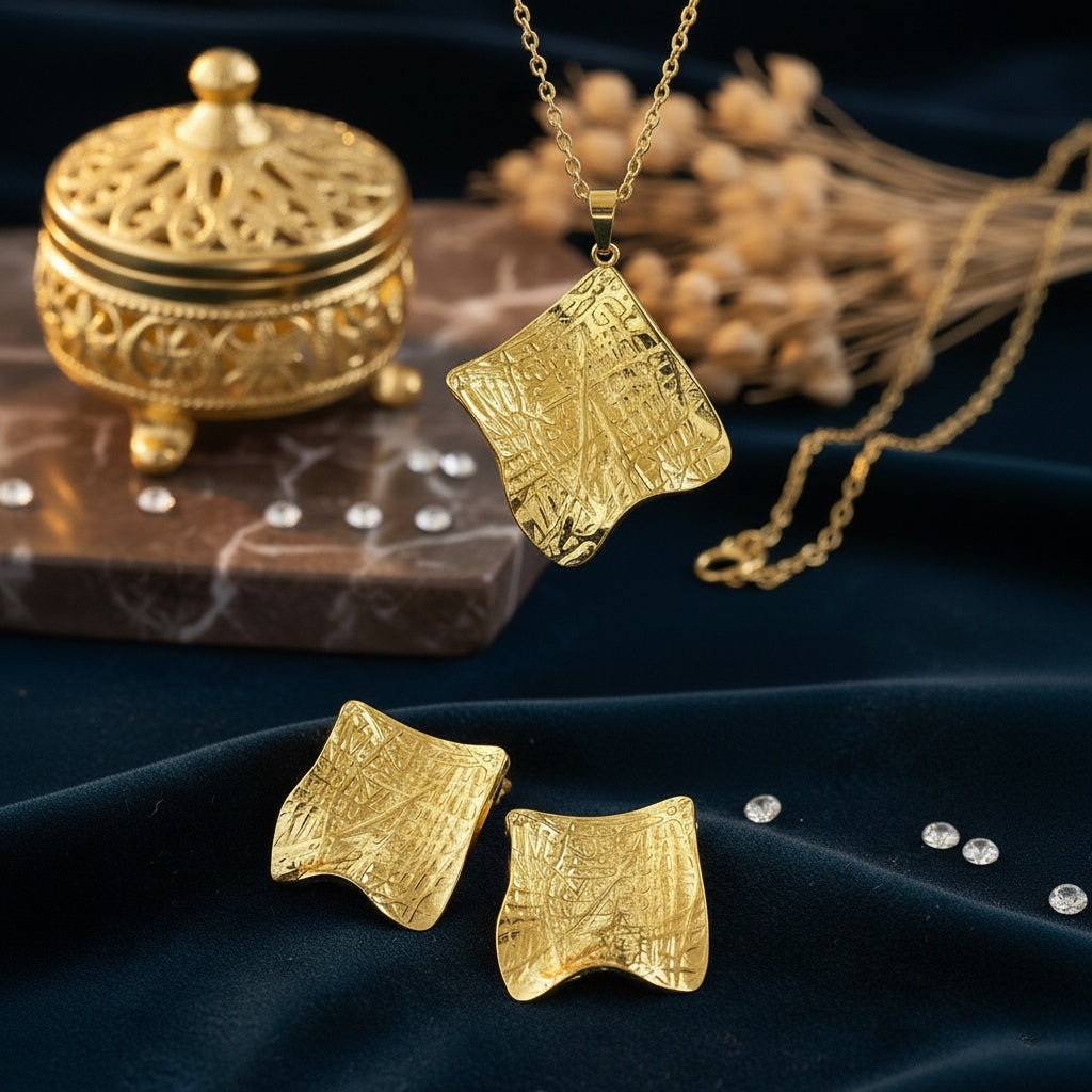 Set Lănțișor și Cercei Inox Auriu Pătrat Gravat Hașurat - Modern - Hipoalergenic