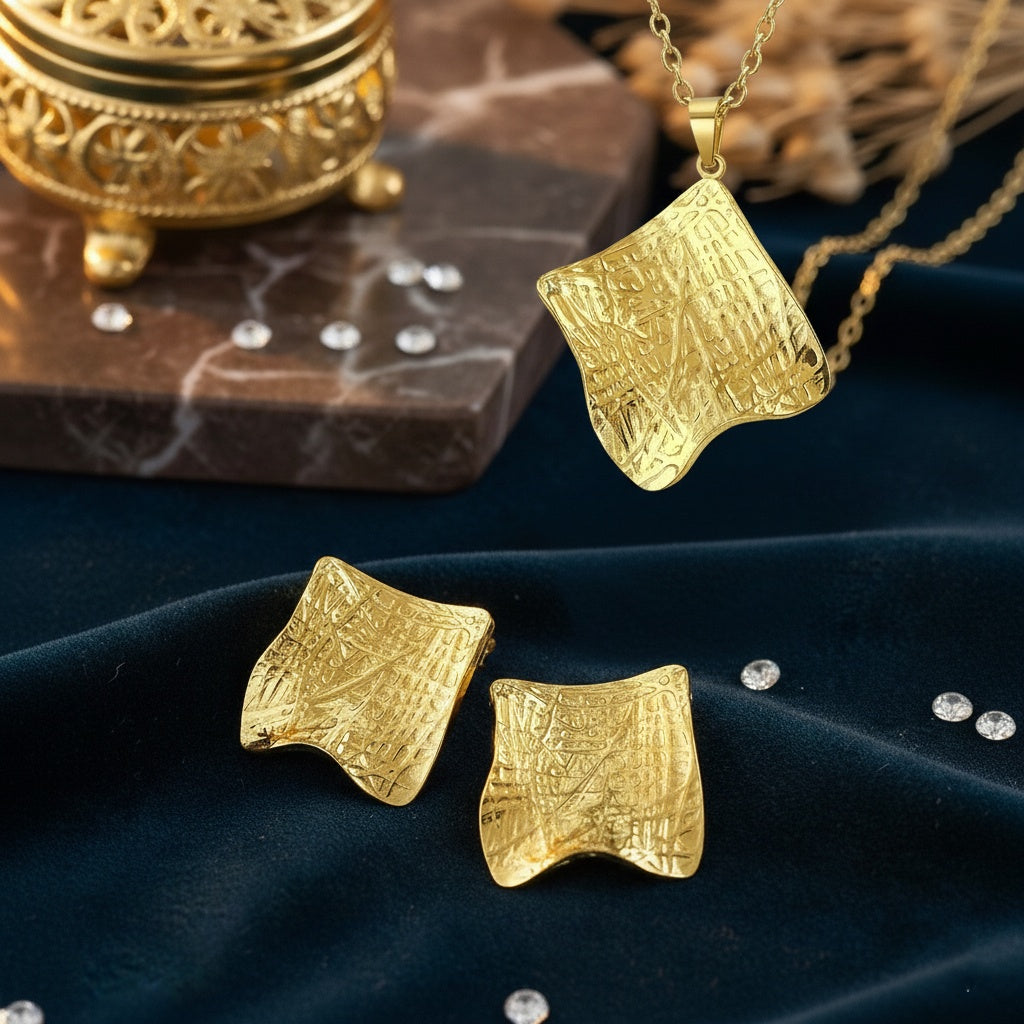 Set Lănțișor și Cercei Inox Auriu Pătrat Gravat Hașurat - Modern - Hipoalergenic