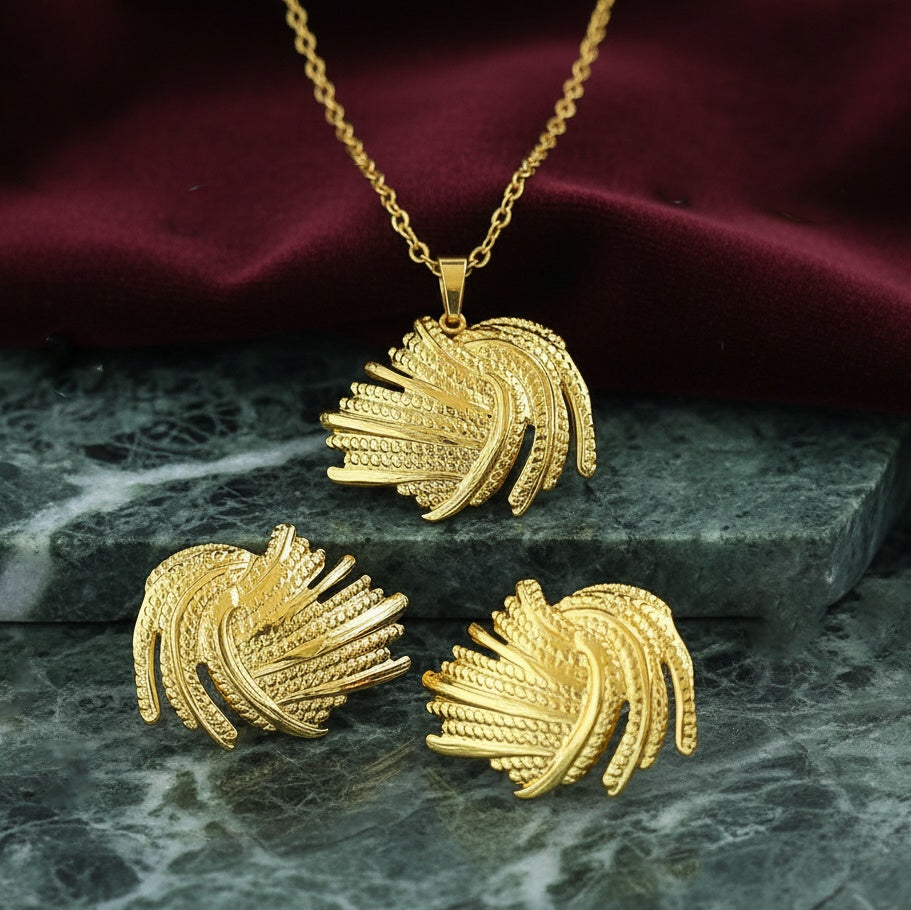 Set Lănțișor și Cercei Inox Auriu Pană în Spirală - Exotic - Hipoalergenic