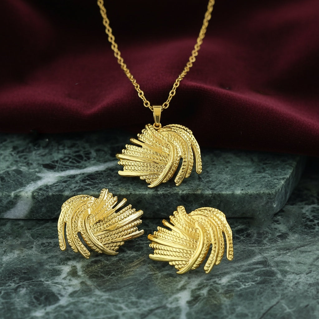 Set Lănțișor și Cercei Inox Auriu Pană în Spirală - Exotic - Hipoalergenic