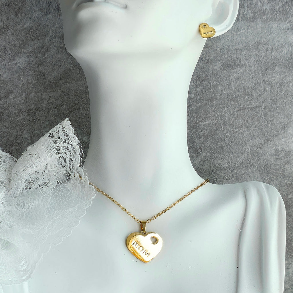 Set Lănțișor și Cercei Inox Auriu cu Pandantiv Inimă MOM - Clasic - Hipoalergenic
