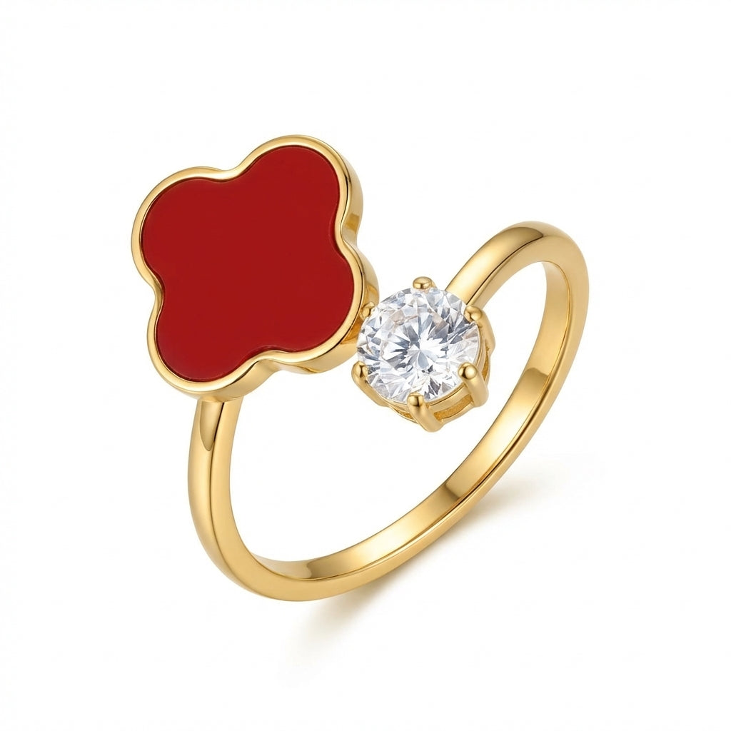Inel Trifoi Alhambra roșu piatră rotundă cu Zirconiu Cubic Inox Bicolor Placat Aur 18K PVD - Hipoalergenic - IND1701