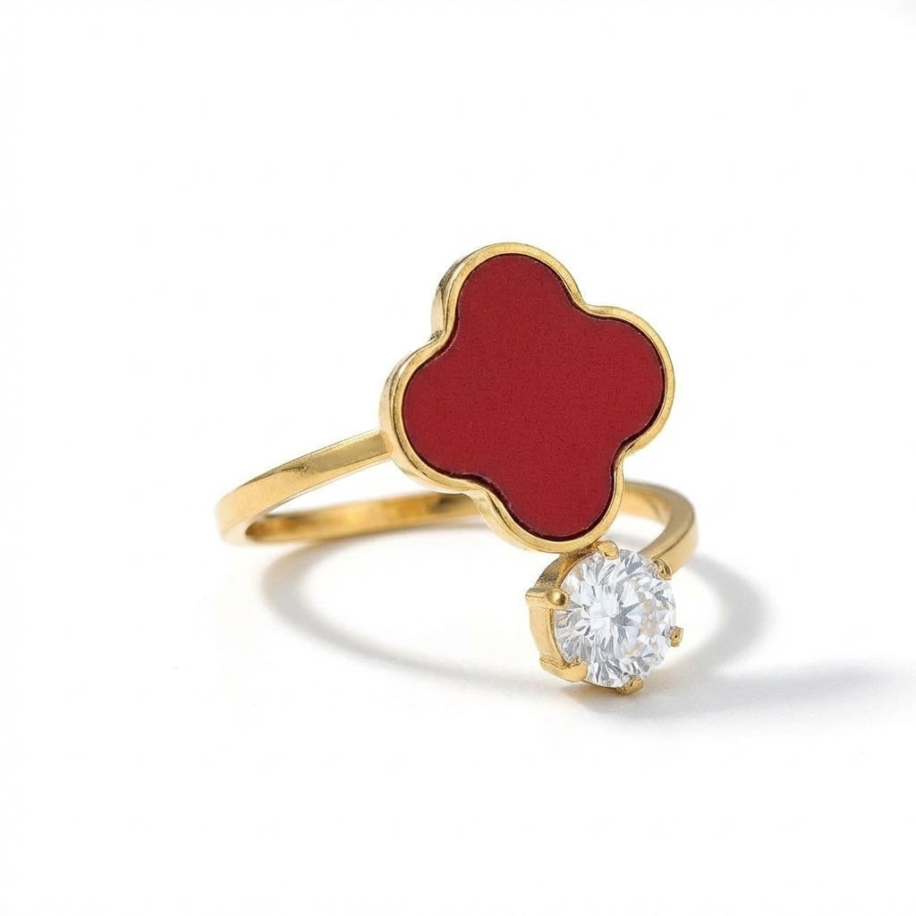 Inel Trifoi Alhambra roșu piatră rotundă cu Zirconiu Cubic Inox Bicolor Placat Aur 18K PVD - Hipoalergenic - IND1701