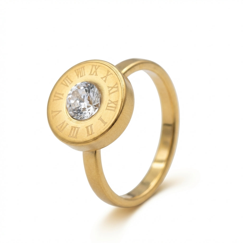 IND1452 Hero Shot - Inel Disc Cifre Romane CZ Auriu