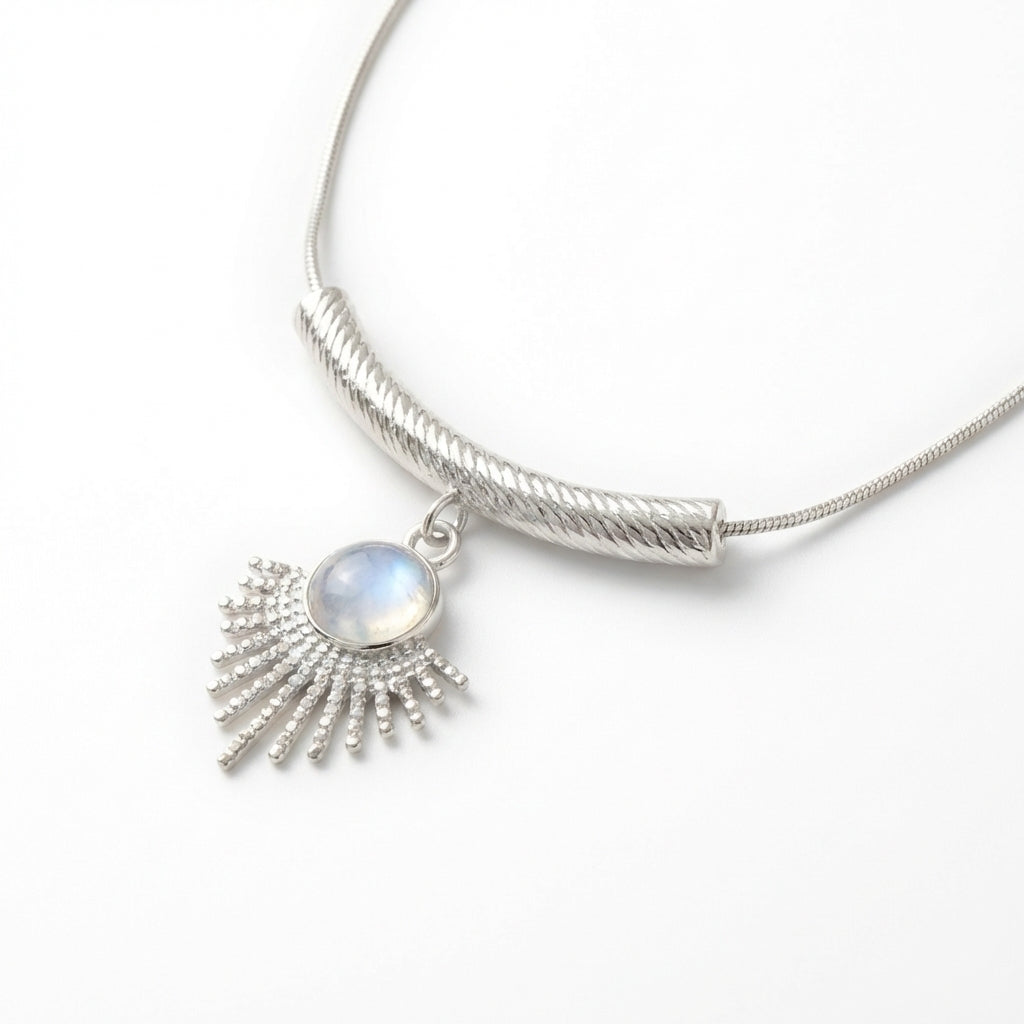 Lănțișor Inox Snake Chain Argintiu cu Pandantiv Evantai Moonstone - Boem - Hipoalergenic