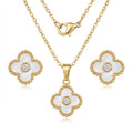 Set Lănțișor și Cercei Inox Auriu cu Pandantiv Trifoi Sidef Alb Alhambra - Elegant - Hipoalergenic