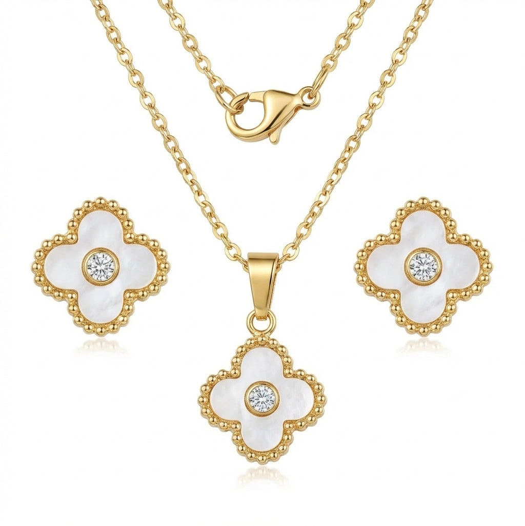 Set Lănțișor și Cercei Inox Auriu cu Pandantiv Trifoi Sidef Alb Alhambra - Elegant - Hipoalergenic