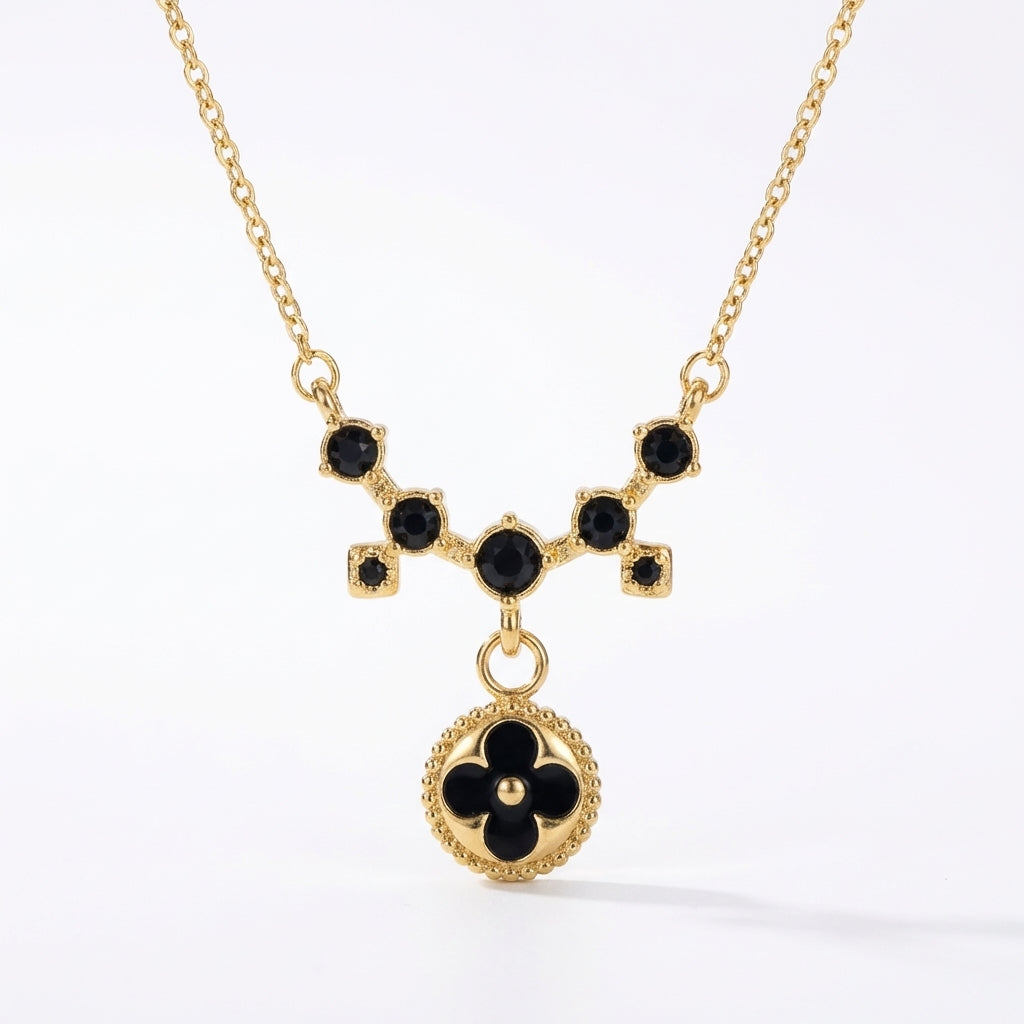 Lănțișor Inox Cable Auriu cu Pandantiv Floral Negru și Cristale - Glamour - Hipoalergenic
