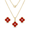 Set Lănțișor și Cercei Inox Auriu cu Pandantiv Trifoi Roșu Alhambra - Elegant - Hipoalergenic