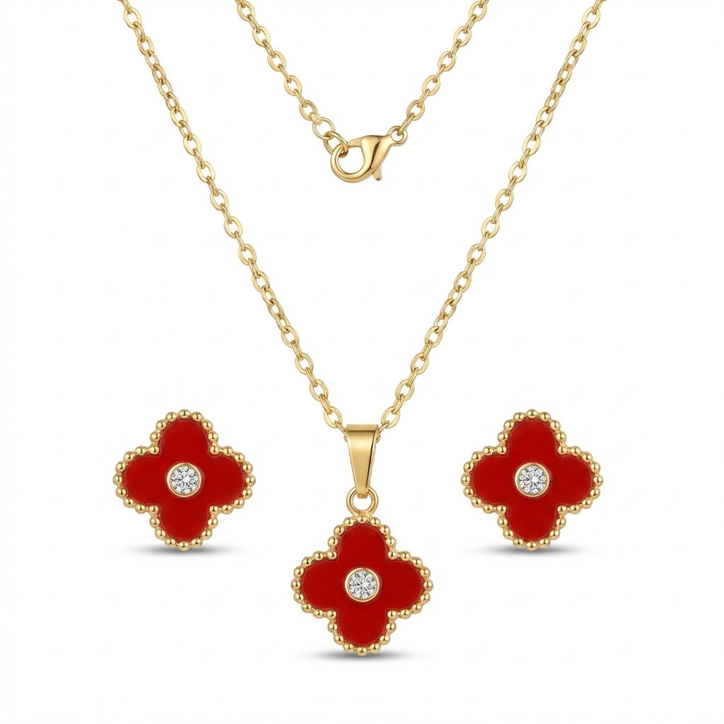 Set Lănțișor și Cercei Inox Auriu cu Pandantiv Trifoi Roșu Alhambra - Elegant - Hipoalergenic
