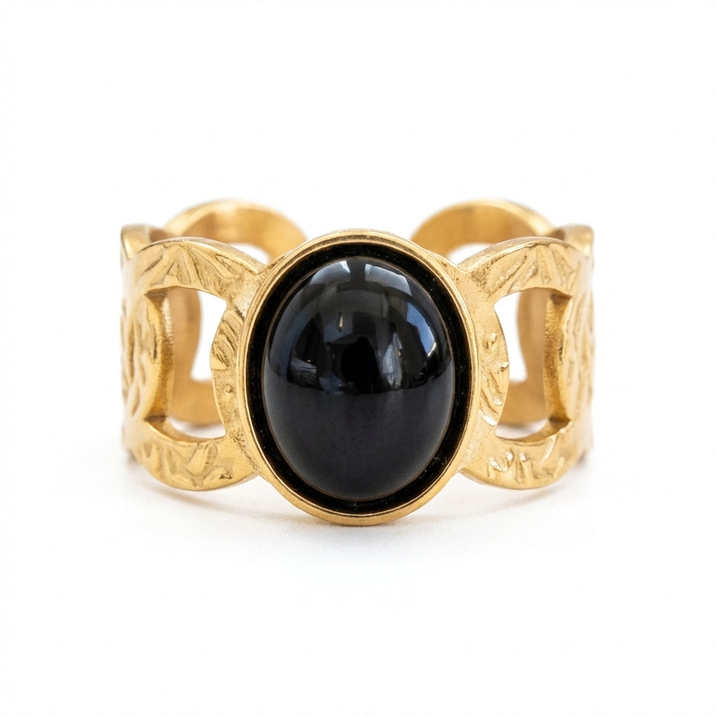 Inel Onyx cabochon, bandă lată Oțel Inoxidabil Auriu - Hipoalergenic