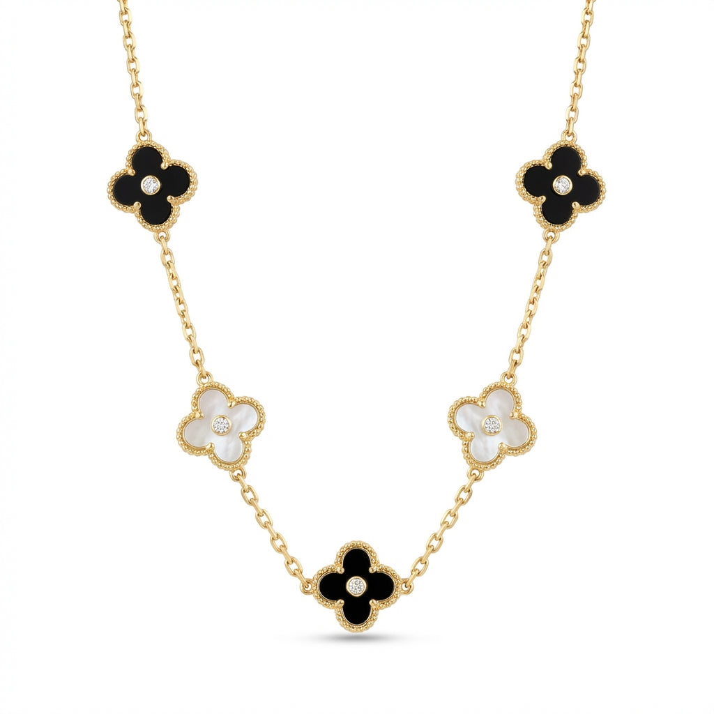 Lănțișor Inox Alhambra Auriu cu Cristale Sidef Negru - Elegant - Hipoalergenic