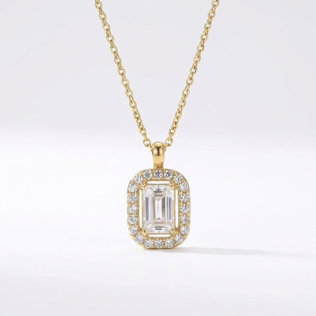 Lănțișor Inox Auriu Cable Chain cu Pandantiv Halo Emerald Cut - Elegant - Hipoalergenic
