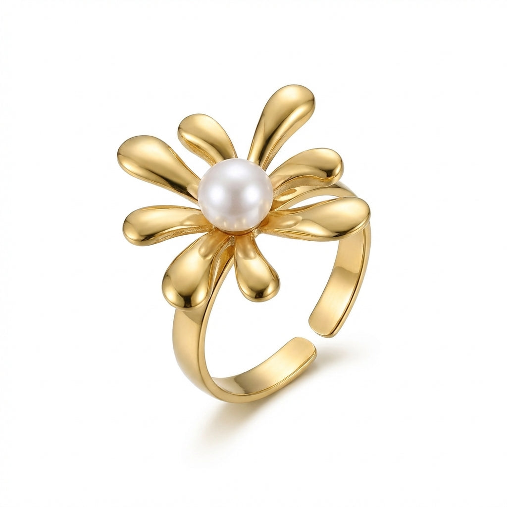 Inel Floare aurie cu perlă cu Zirconiu Cubic Oțel Inoxidabil Auriu - IND1595 | Zelora