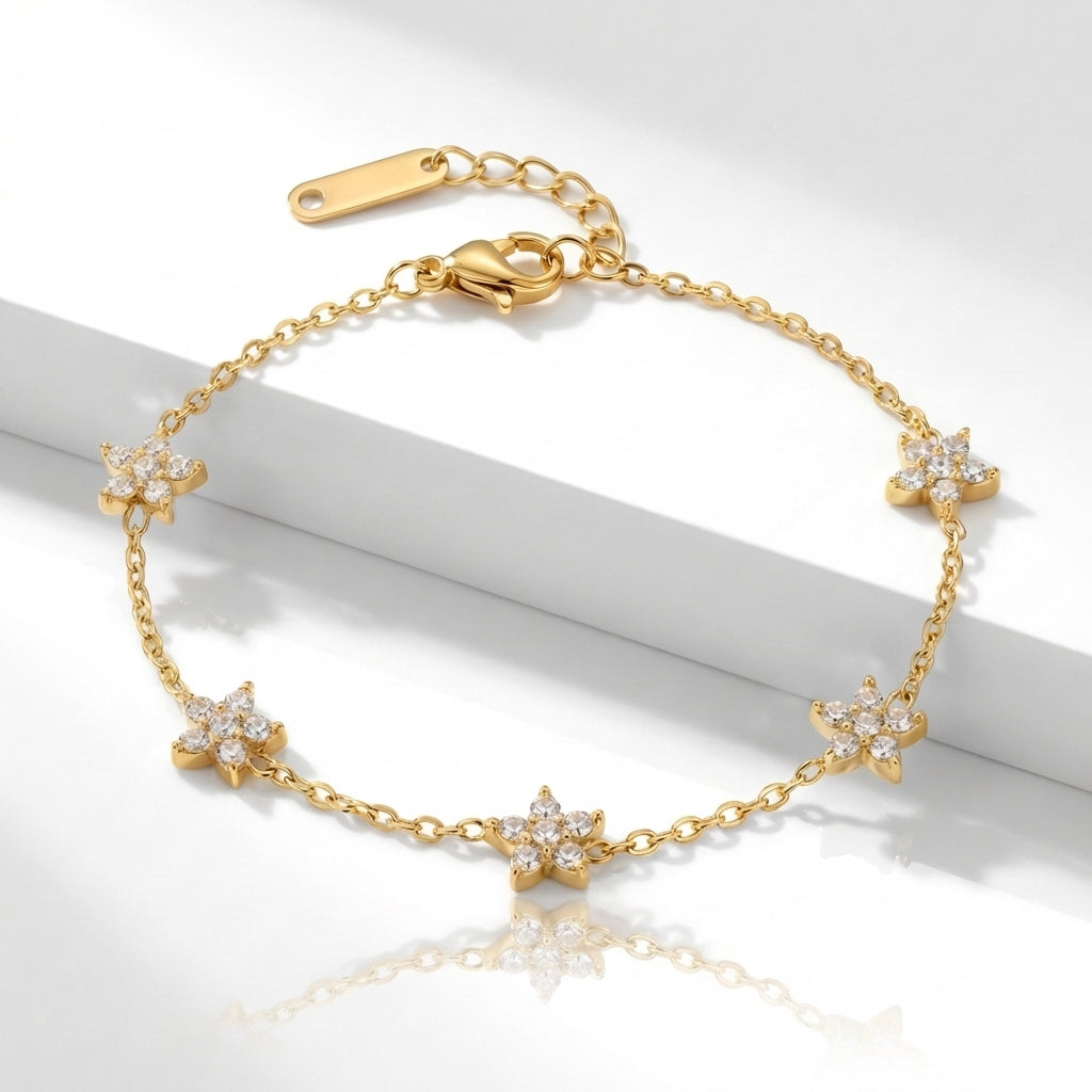 Brățară Flori delicate cu cristale Oțel Inoxidabil 16 cm Placat Aur 18K PVD - Hipoalergenică - BF1177