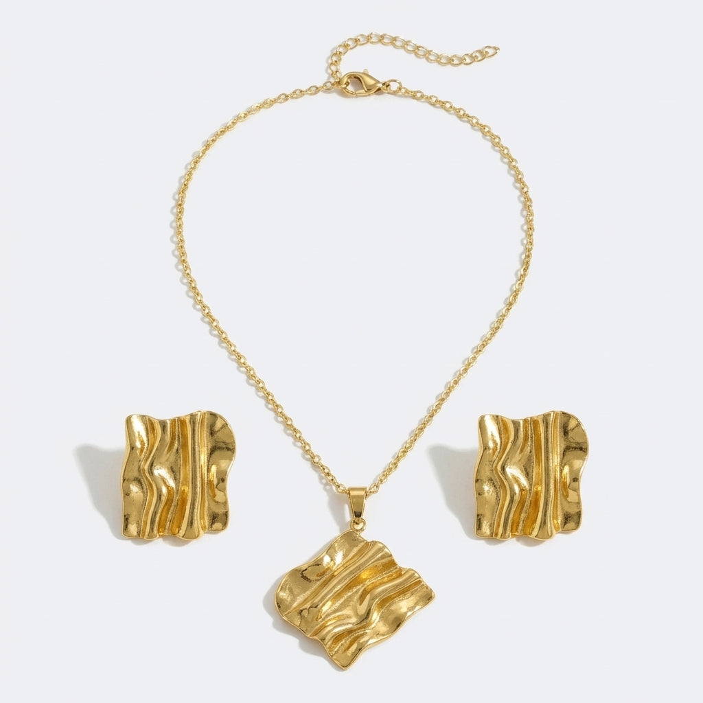 Set Lănțișor și Cercei Inox Auriu Pătrat Crinkled - Statement - Hipoalergenic