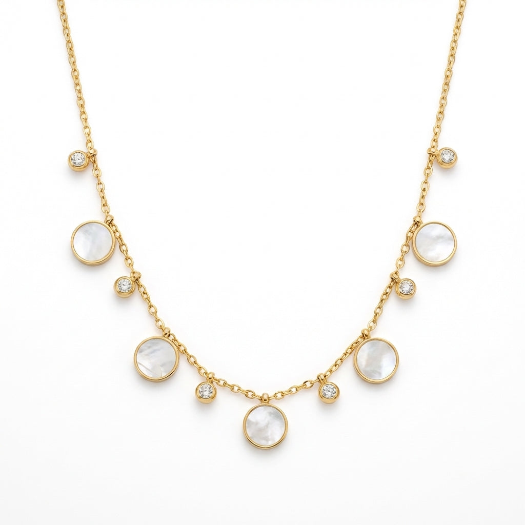 Lănțișor Inox Auriu Cable Chain cu Charm-uri Sidef și Cristale - Boem - Hipoalergenic